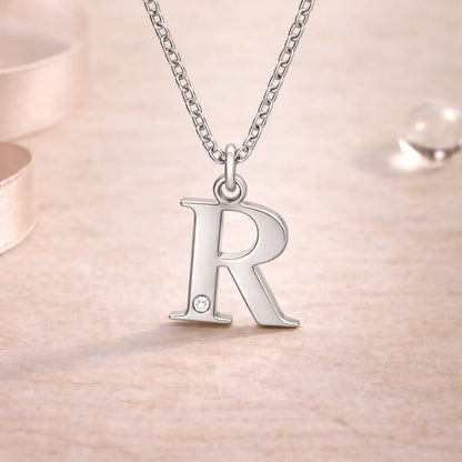 Buchstaben-Anhänger mit Kette 925er Sterling Silber mit Diamant – Flachpanzerkette 45cm