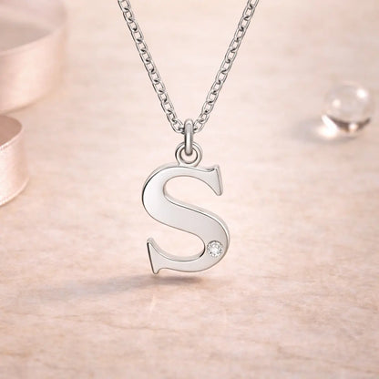 Buchstaben-Anhänger mit Kette 925er Sterling Silber mit Diamant – Flachpanzerkette 45cm
