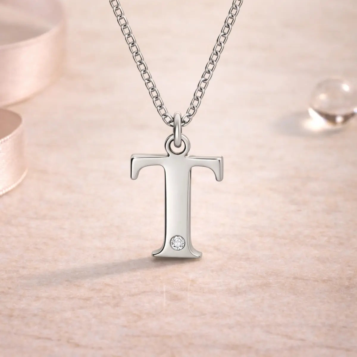 Buchstaben-Anhänger mit Kette 925er Sterling Silber mit Diamant – Flachpanzerkette 45cm