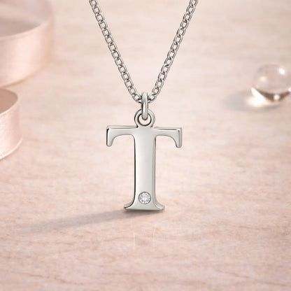 Buchstaben-Anhänger mit Kette 925er Sterling Silber mit Diamant – Flachpanzerkette 45cm