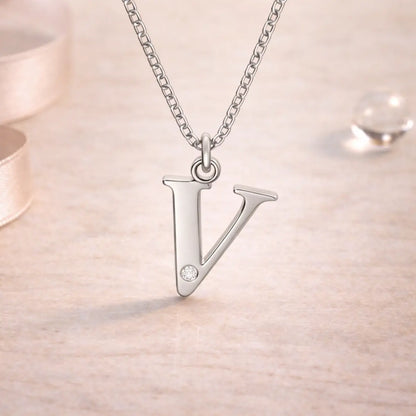 Buchstaben-Anhänger mit Kette 925er Sterling Silber mit Diamant – Flachpanzerkette 45cm