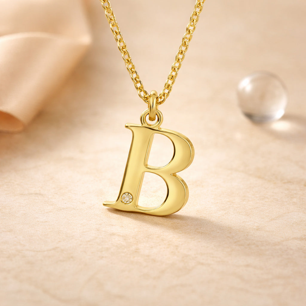 Buchstaben-Anhänger mit Kette 925er Sterling Silber vergoldet mit Diamant – Ankerkette