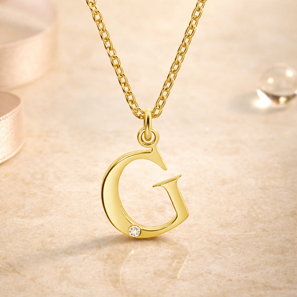 Buchstaben-Anhänger mit Kette 925er Sterling Silber vergoldet mit Diamant – Ankerkette