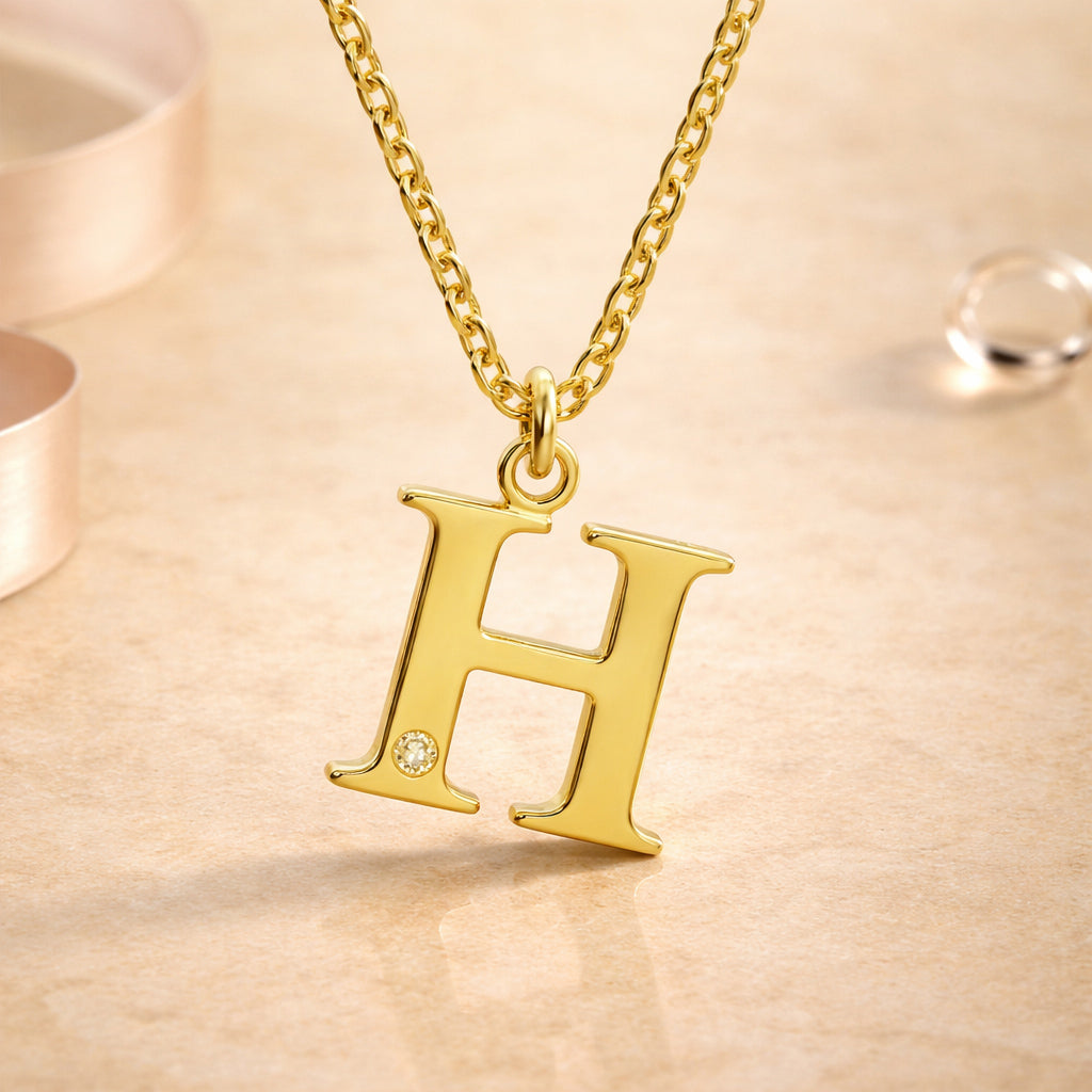 Buchstaben-Anhänger mit Kette 925er Sterling Silber vergoldet mit Diamant – Ankerkette