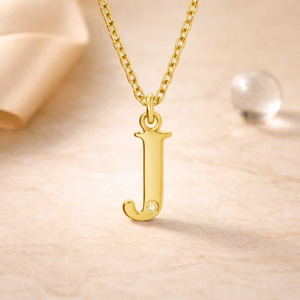 Buchstaben-Anhänger mit Kette 925er Sterling Silber vergoldet mit Diamant – Ankerkette