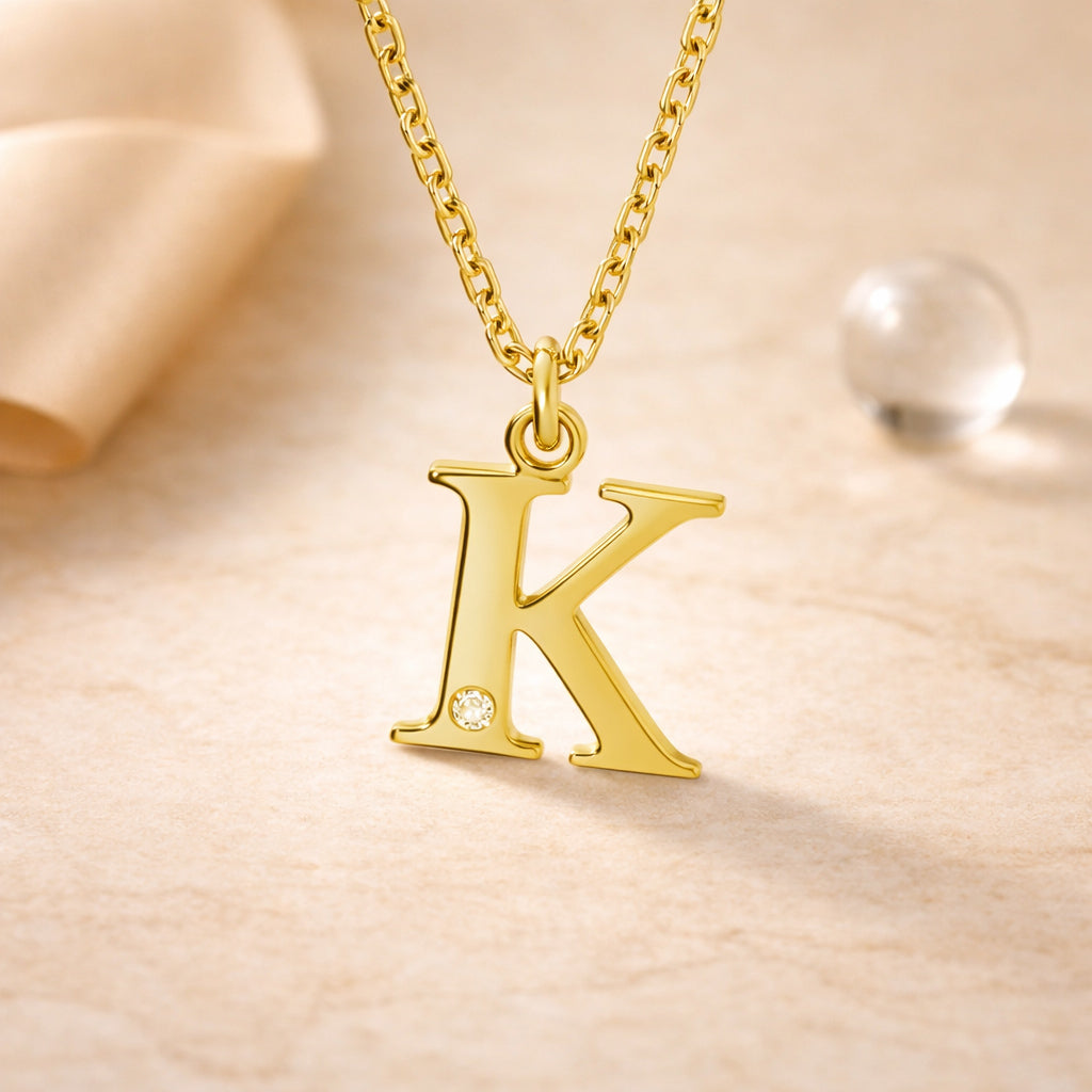 Buchstaben-Anhänger mit Kette 925er Sterling Silber vergoldet mit Diamant – Ankerkette