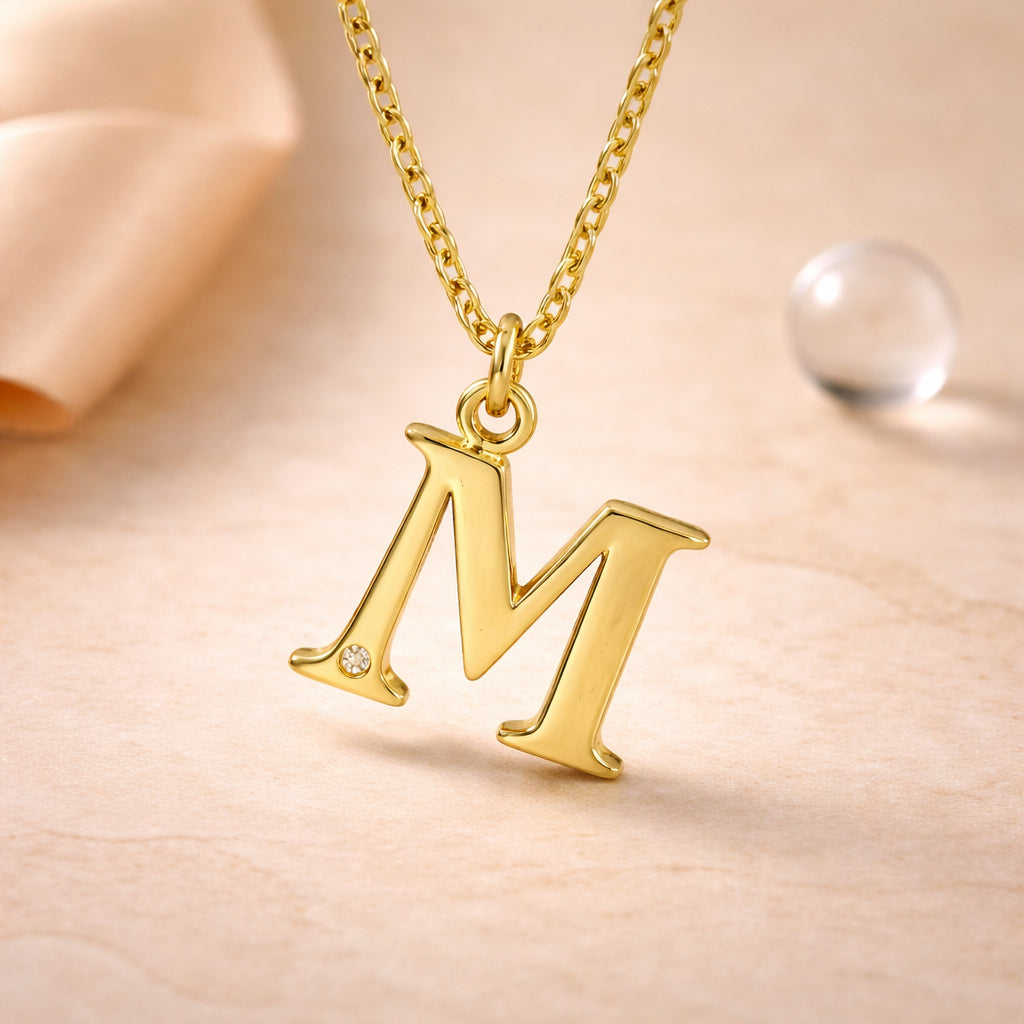 Buchstaben-Anhänger mit Kette 925er Sterling Silber vergoldet mit Diamant – Ankerkette