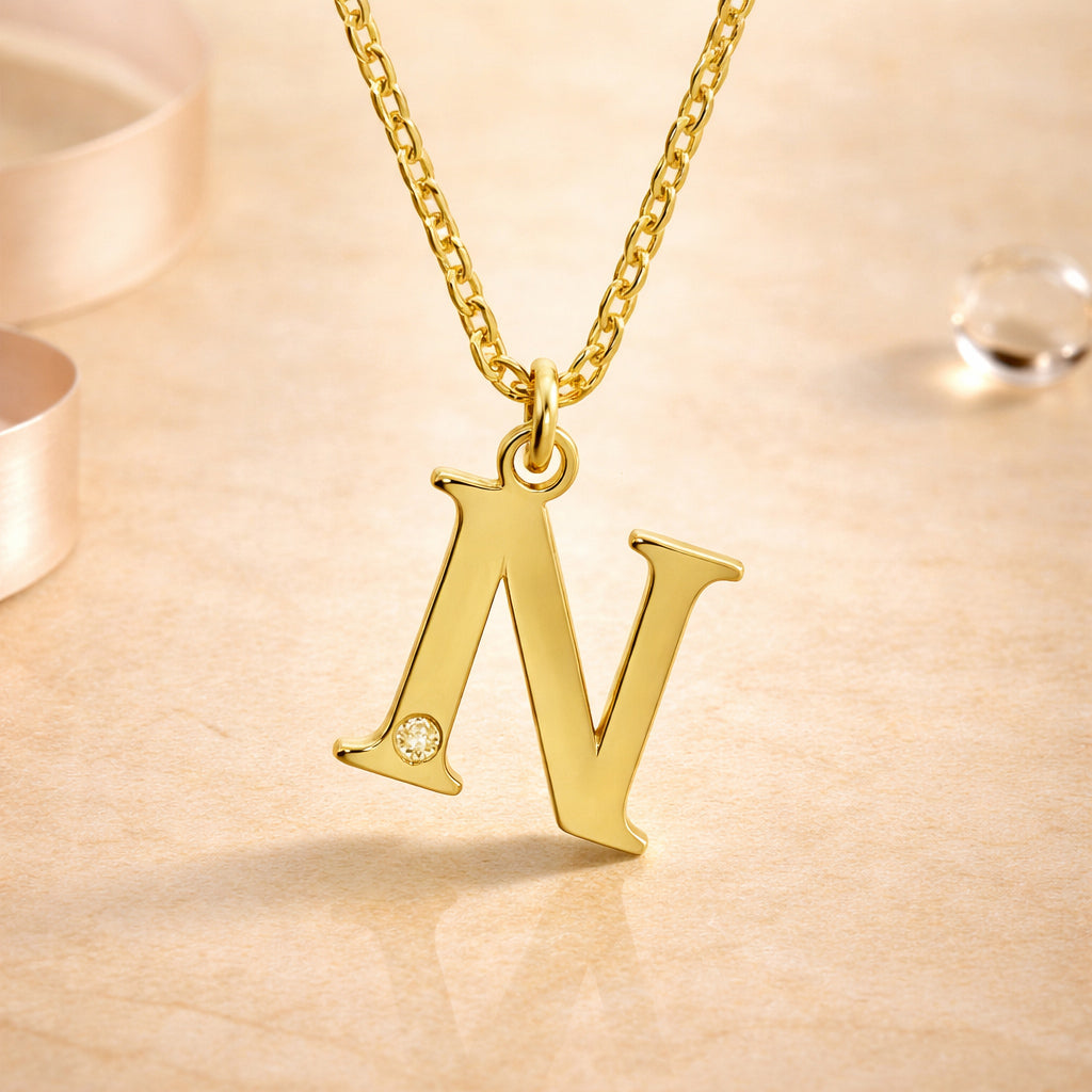 Buchstaben-Anhänger mit Kette 925er Sterling Silber vergoldet mit Diamant – Ankerkette