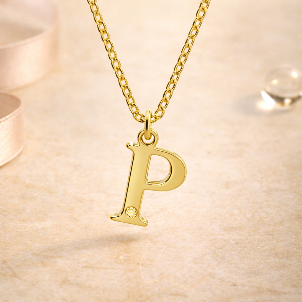 Buchstaben-Anhänger mit Kette 925er Sterling Silber vergoldet mit Diamant – Ankerkette