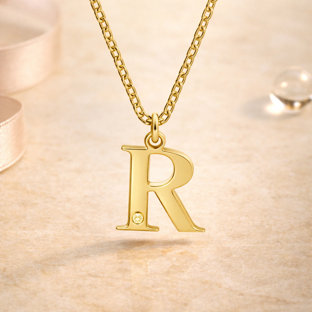 Buchstaben-Anhänger mit Kette 925er Sterling Silber vergoldet mit Diamant – Ankerkette