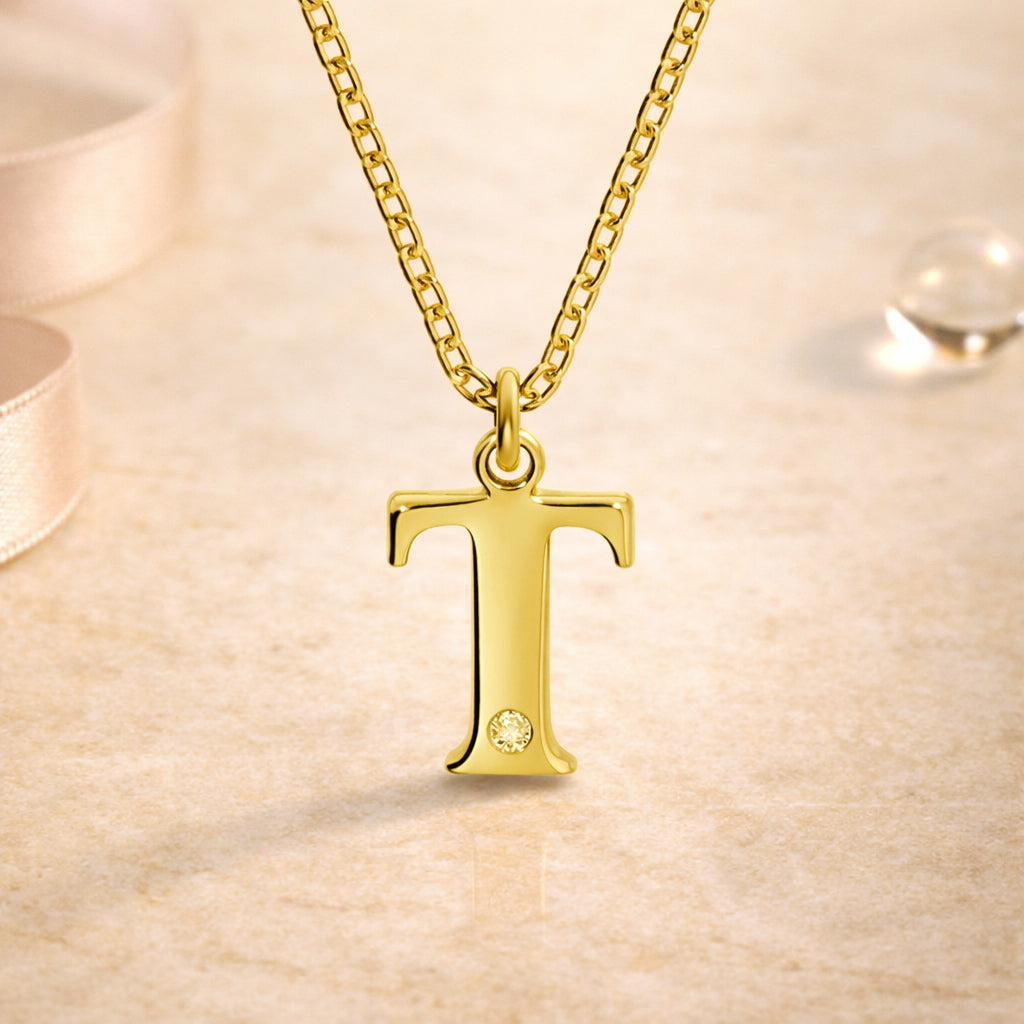 Buchstaben-Anhänger mit Kette 925er Sterling Silber vergoldet mit Diamant – Ankerkette