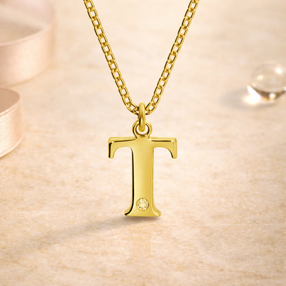 Buchstaben-Anhänger mit Kette 925er Sterling Silber vergoldet mit Diamant – Ankerkette