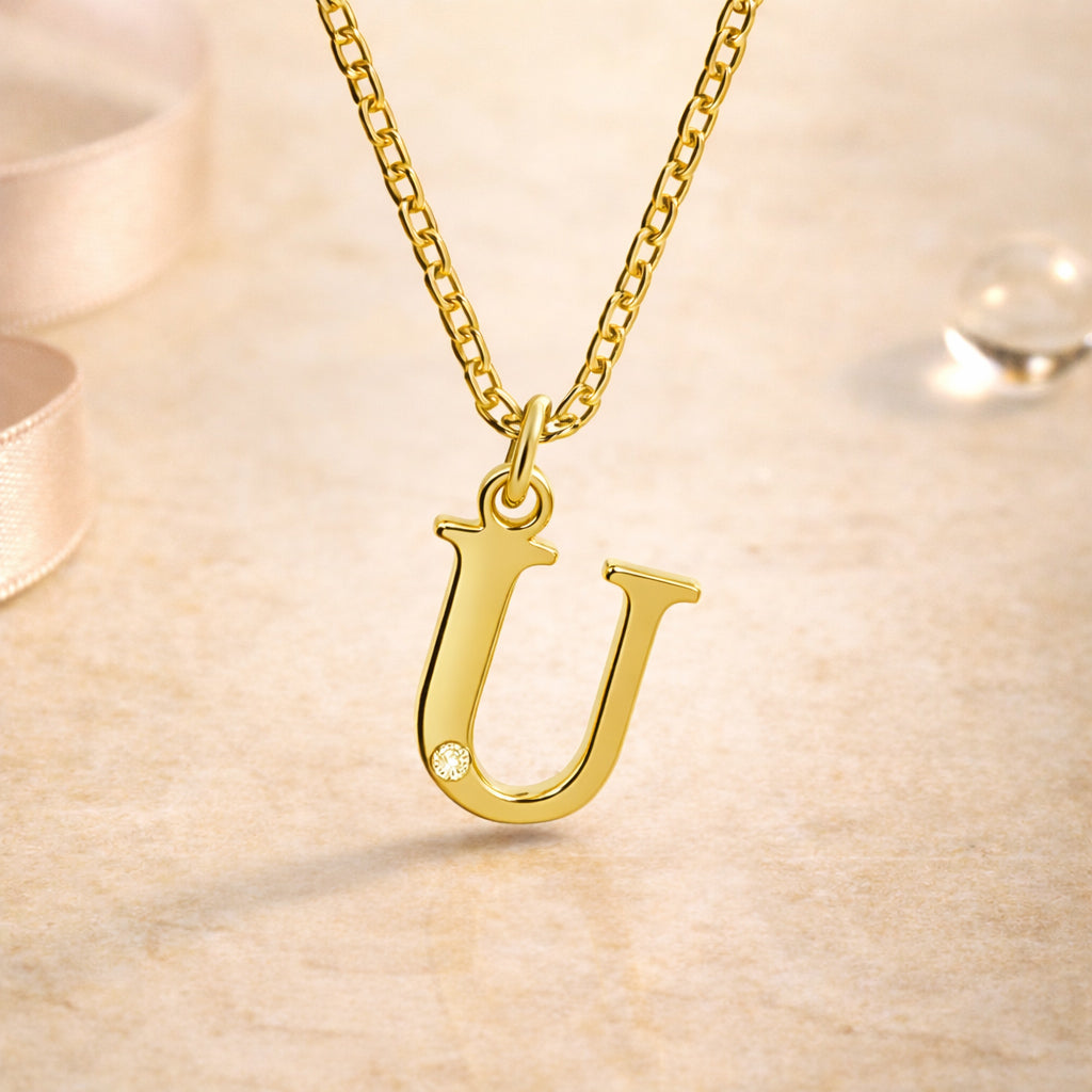 Buchstaben-Anhänger mit Kette 925er Sterling Silber vergoldet mit Diamant – Ankerkette