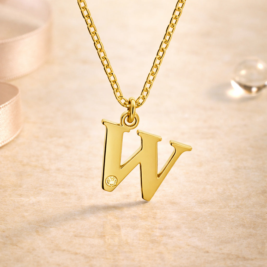 Buchstaben-Anhänger mit Kette 925er Sterling Silber vergoldet mit Diamant – Ankerkette