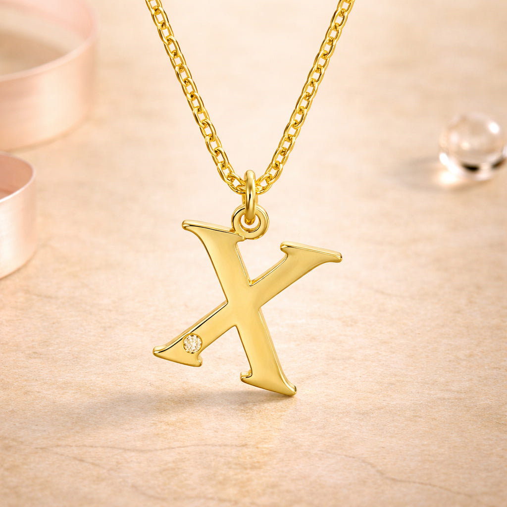 Buchstaben-Anhänger mit Kette 925er Sterling Silber vergoldet mit Diamant – Ankerkette