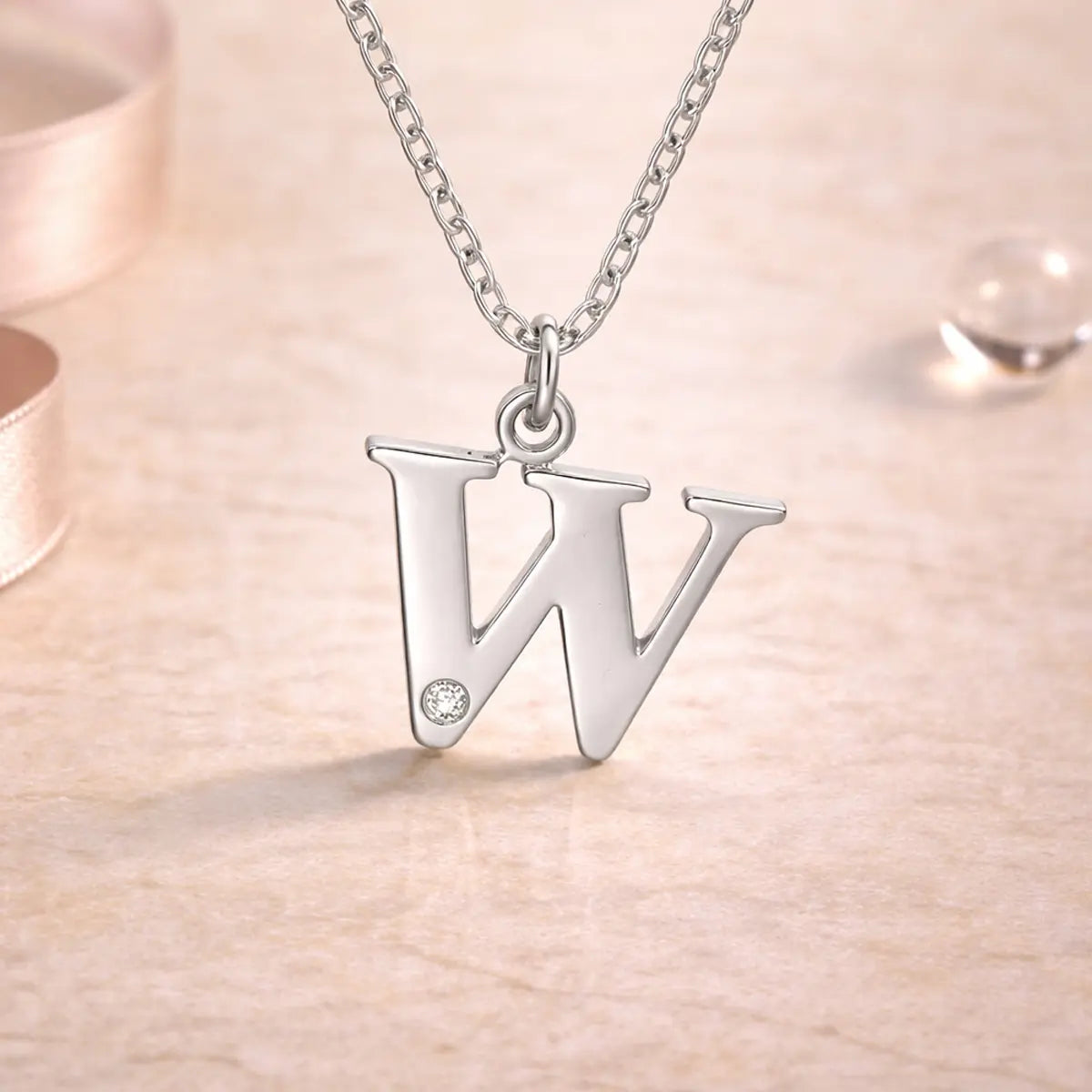 Buchstaben-Anhänger mit Kette 925er Sterling Silber mit Diamant – Flachpanzerkette 45cm
