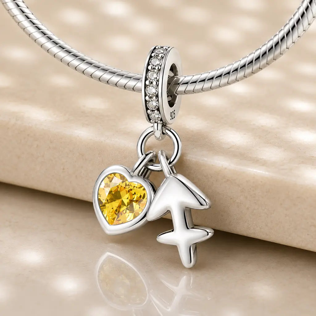 Sternzeichen Charm Anhänger Damen 925 Sterling Silber mit Zirkoniaherz - optional mit Charmarmband