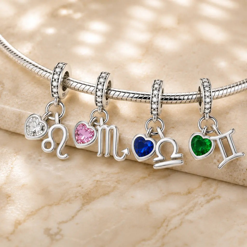 Sternzeichen Charm Anhänger Damen 925 Sterling Silber mit Zirkoniaherz - optional mit Charmarmband