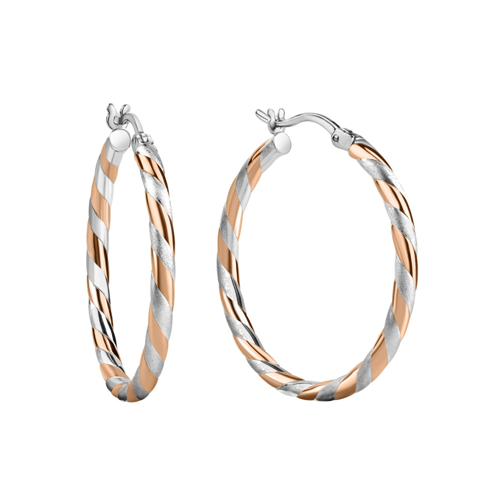 Damen Creolen 925 Sterling Silber rhodiniert & teils rosévergoldet 30mm - matt/glanz