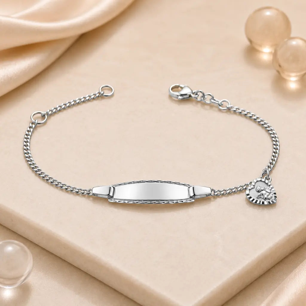 Kinder Schildarmband Schutzengel Herz 925 Silber gravierbar diamantiert - 14cm