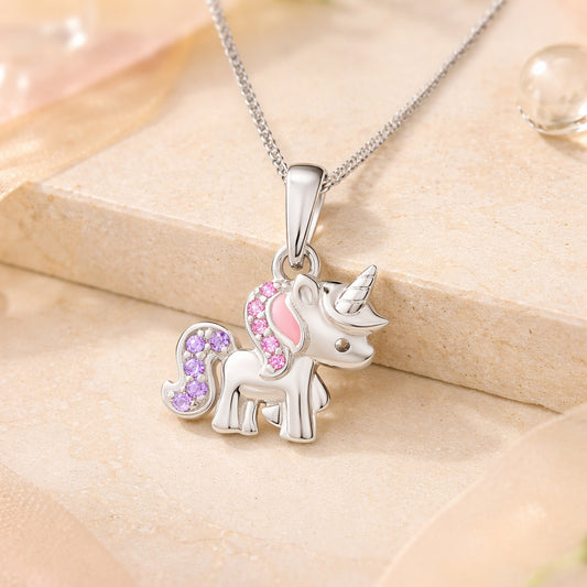 Kinder Einhorn-Kette aus 925 Sterling Silber mit bunten Zirkonia