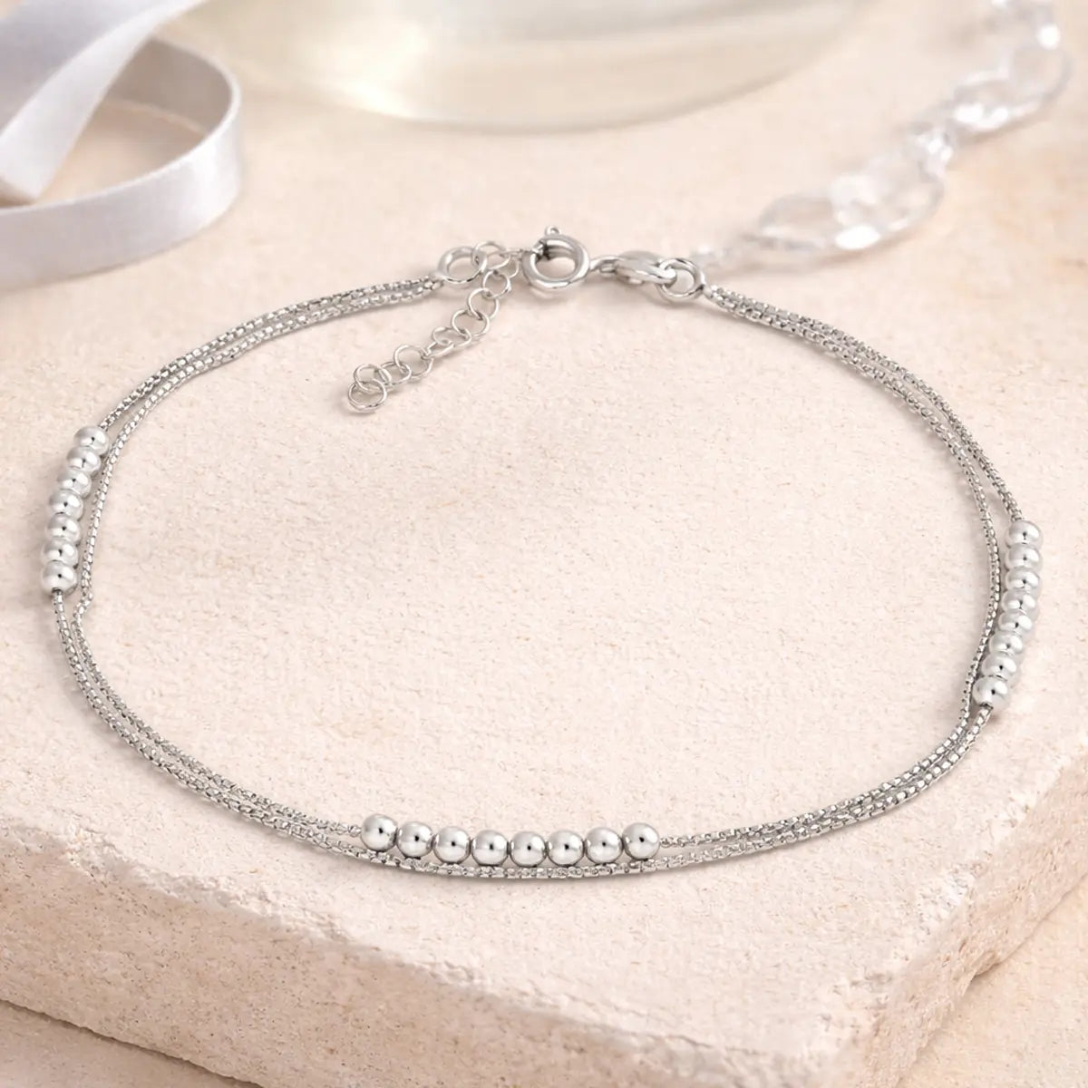 Fußkette Damen 925 Sterling Silber rhodiniert zweireihig Kugeln - 26cm verstellbar