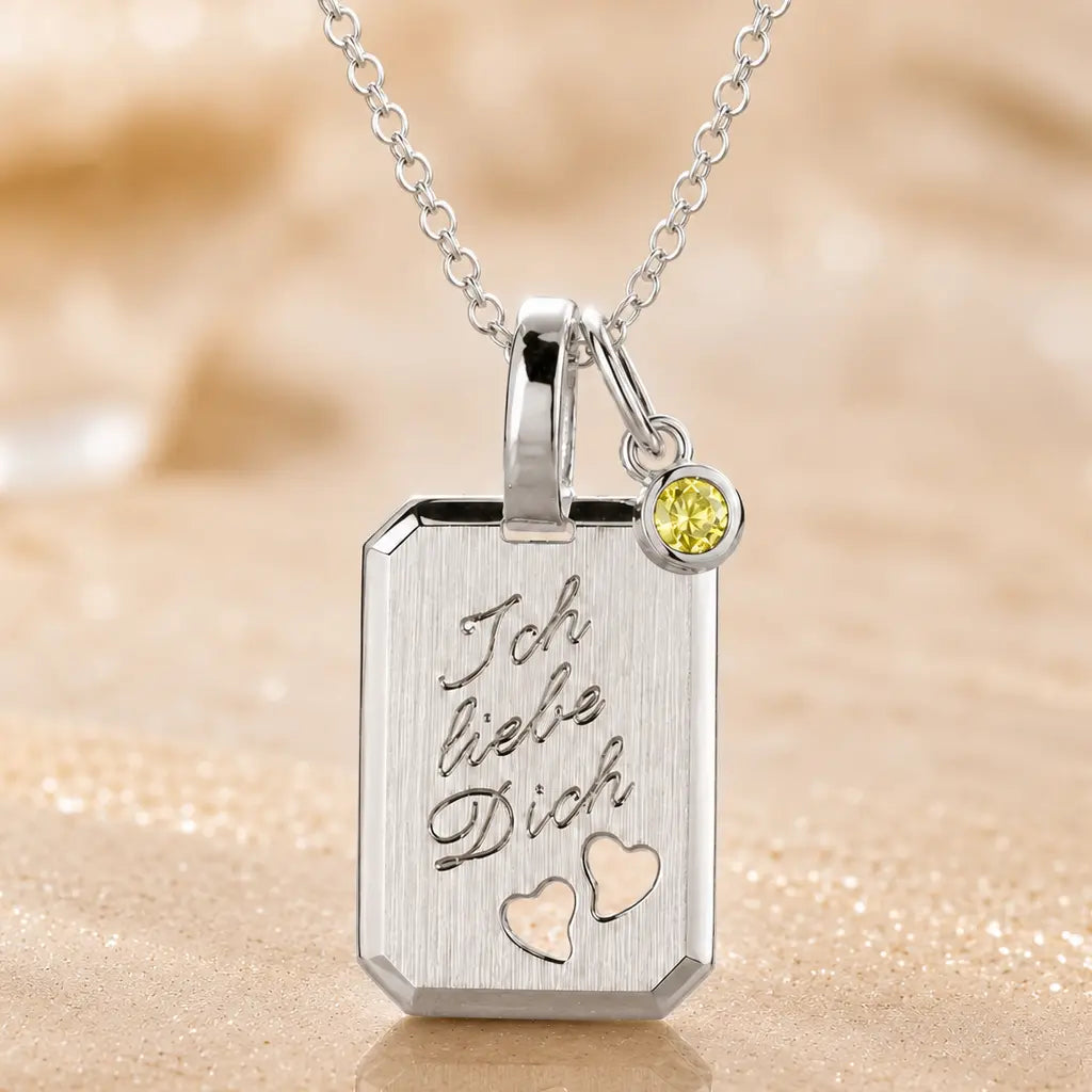 Ich liebe Dich Kette 925 Sterling Silber mit Geburtsstein & Gravurplatte inkl. Kette - 45cm