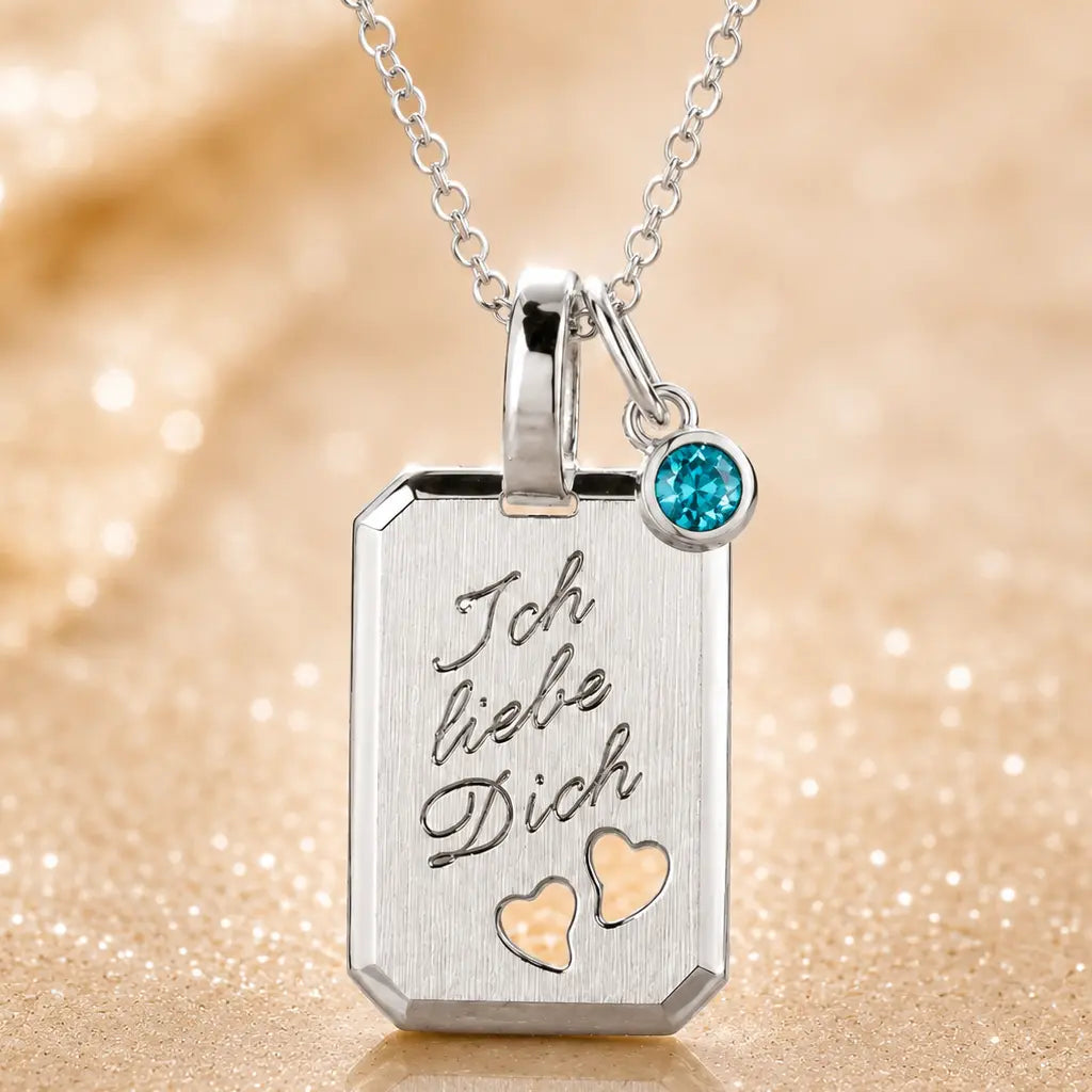 Ich liebe Dich Kette 925 Sterling Silber mit Geburtsstein & Gravurplatte inkl. Kette - 45cm