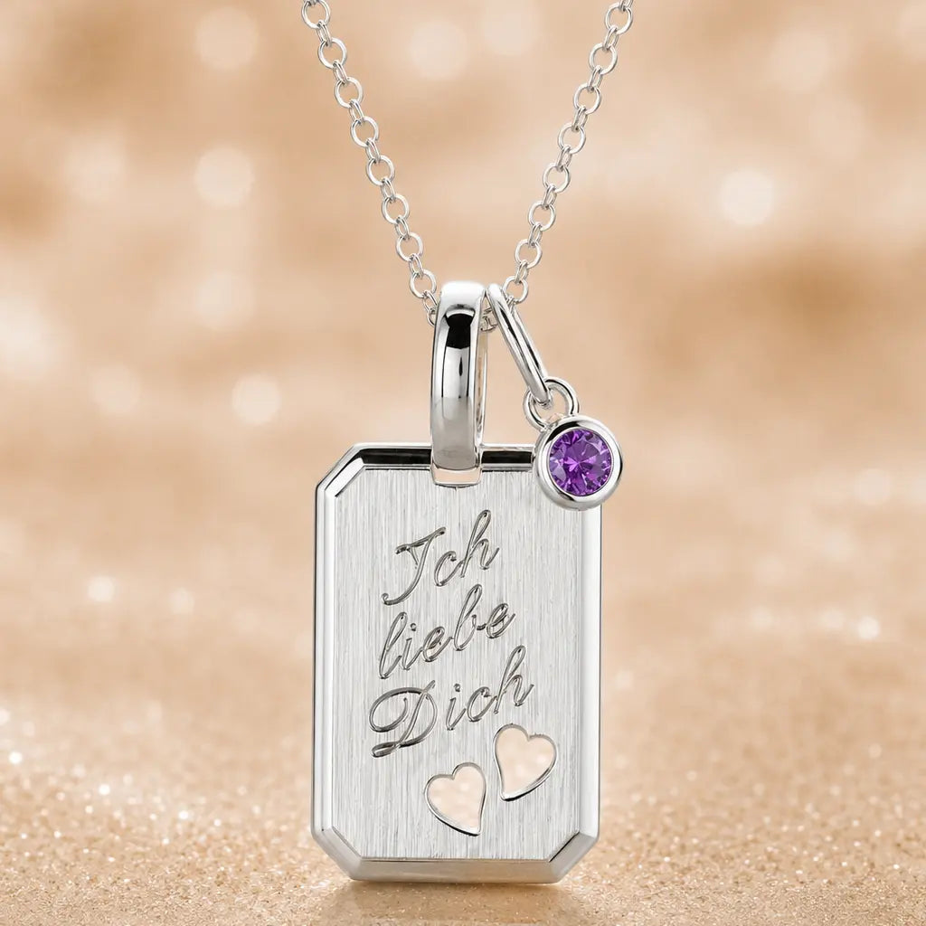 Ich liebe Dich Kette 925 Sterling Silber mit Geburtsstein & Gravurplatte inkl. Kette - 45cm