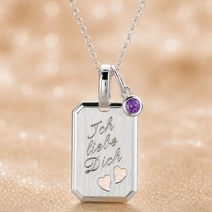 Ich liebe Dich Kette 925 Sterling Silber mit Geburtsstein & Gravurplatte inkl. Kette - 45cm
