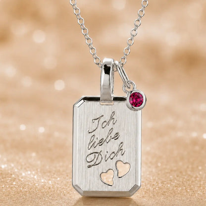 Ich liebe Dich Kette 925 Sterling Silber mit Geburtsstein & Gravurplatte inkl. Kette - 45cm