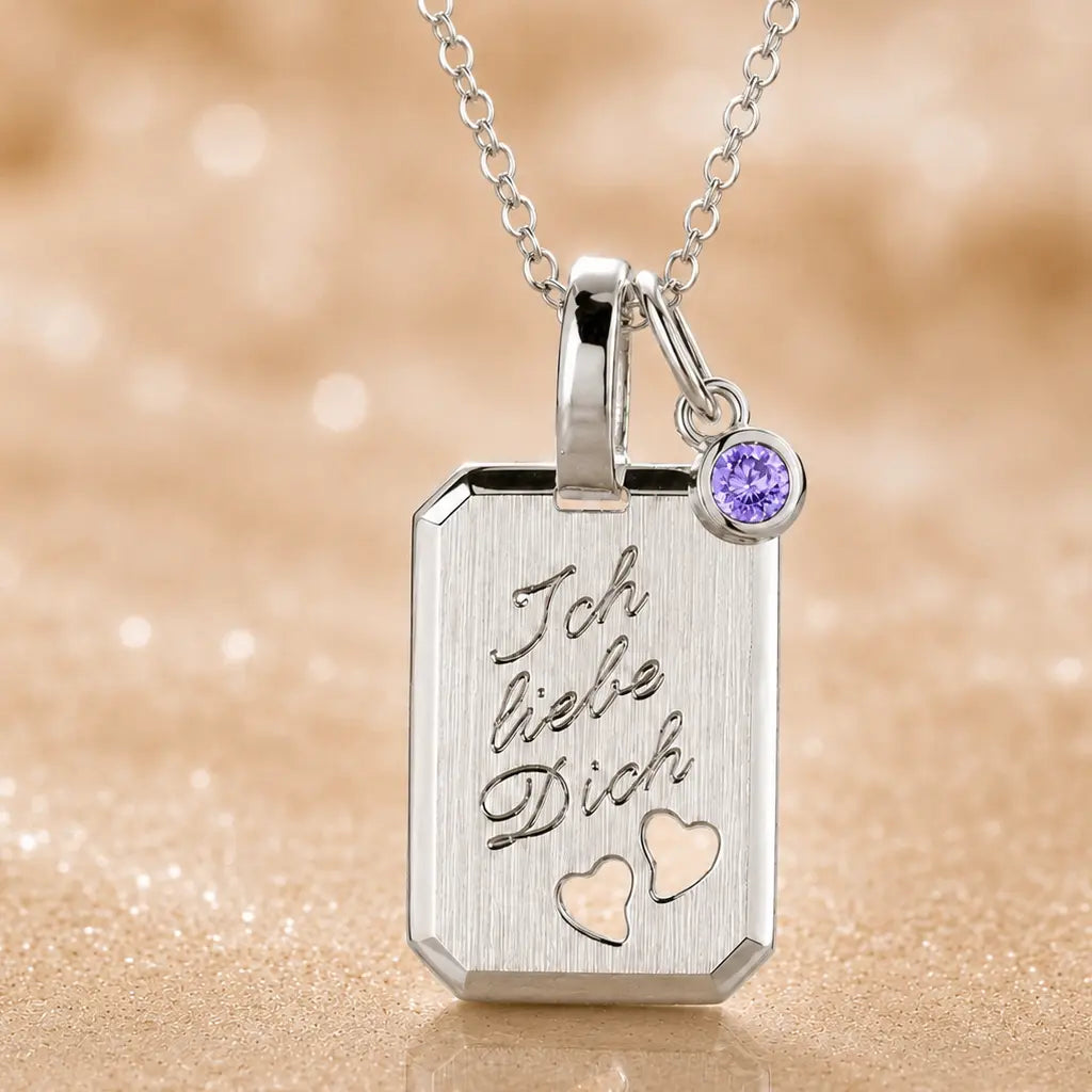 Ich liebe Dich Kette 925 Sterling Silber mit Geburtsstein & Gravurplatte inkl. Kette - 45cm