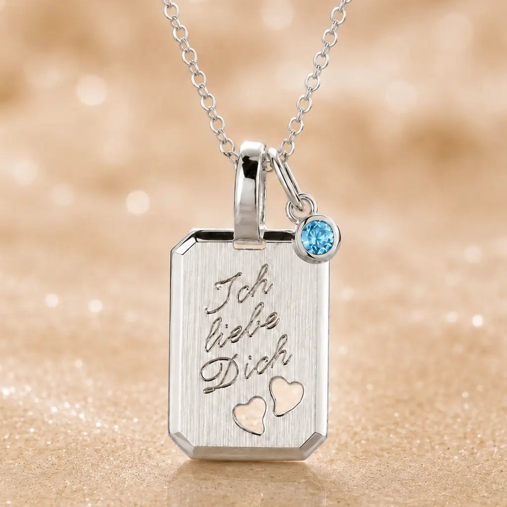Ich liebe Dich Kette 925 Sterling Silber mit Geburtsstein & Gravurplatte inkl. Kette - 45cm