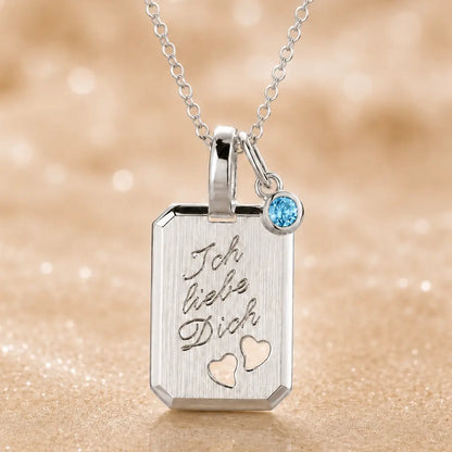 Ich liebe Dich Kette 925 Sterling Silber mit Geburtsstein & Gravurplatte inkl. Kette - 45cm