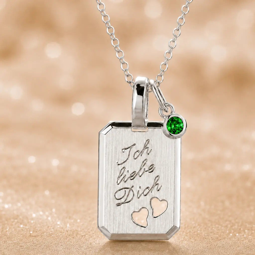 Ich liebe Dich Kette 925 Sterling Silber mit Geburtsstein & Gravurplatte inkl. Kette - 45cm