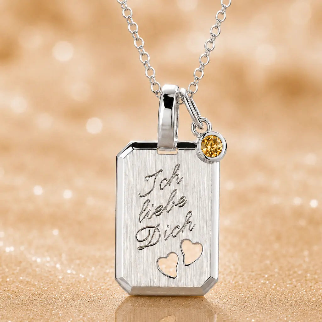 Ich liebe Dich Kette 925 Sterling Silber mit Geburtsstein & Gravurplatte inkl. Kette - 45cm