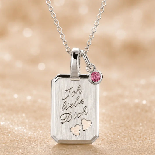Ich liebe Dich Kette 925 Sterling Silber mit Geburtsstein & Gravurplatte inkl. Kette - 45cm