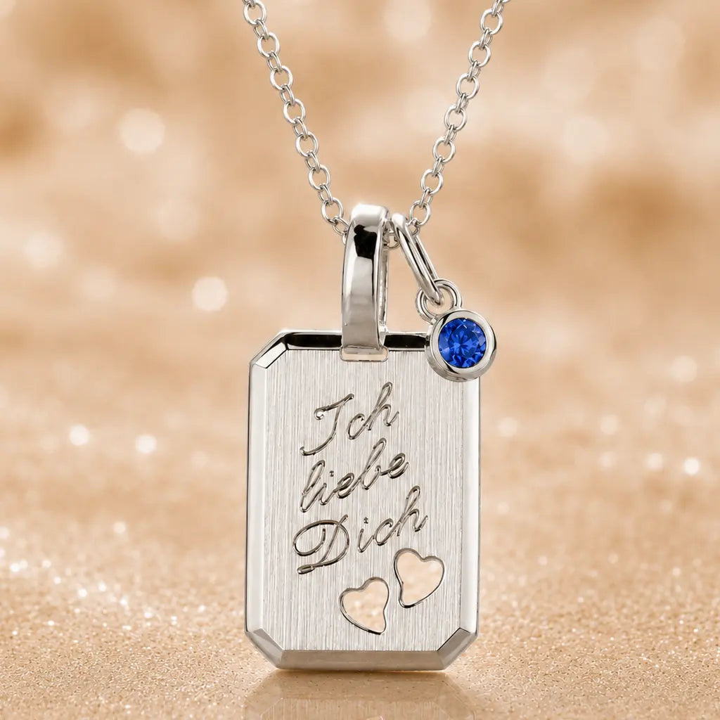 Ich liebe Dich Kette 925 Sterling Silber mit Geburtsstein & Gravurplatte inkl. Kette - 45cm