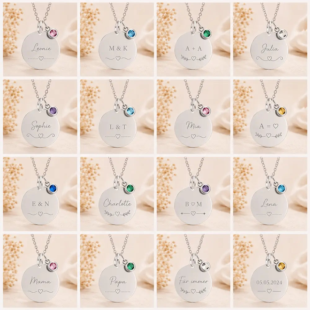 Personalisierte Damen Halskette 925 Sterling Silber - Gravurplatte, Geburtsstein & Kette 45cm