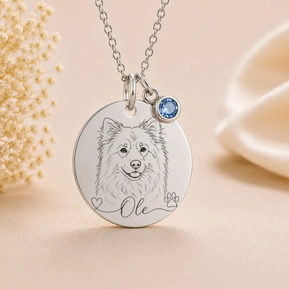 Hundeportrait Halskette Damen 925 Sterling Silber - Gravurplatte, Geburtsstein & Kette 45cm