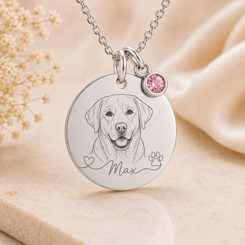 Hundeportrait Halskette Damen 925 Sterling Silber - Gravurplatte, Geburtsstein & Kette 45cm