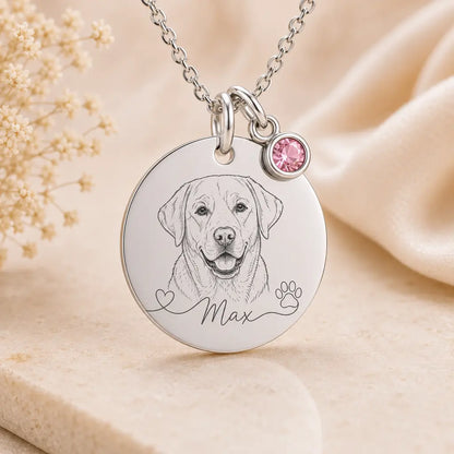 Hundeportrait Halskette Damen 925 Sterling Silber - Gravurplatte, Geburtsstein & Kette 45cm
