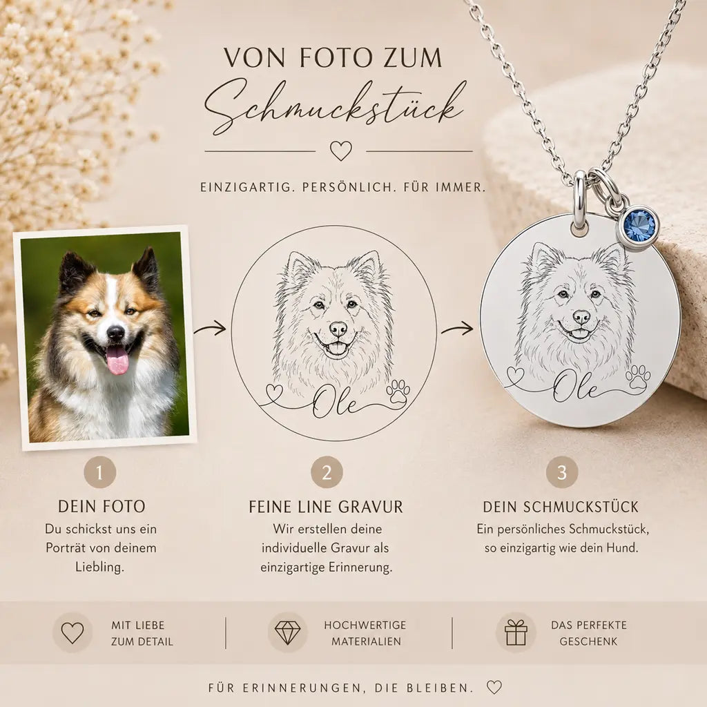 Hundeportrait Halskette Damen 925 Sterling Silber - Gravurplatte, Geburtsstein & Kette 45cm