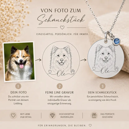 Hundeportrait Halskette Damen 925 Sterling Silber - Gravurplatte, Geburtsstein & Kette 45cm