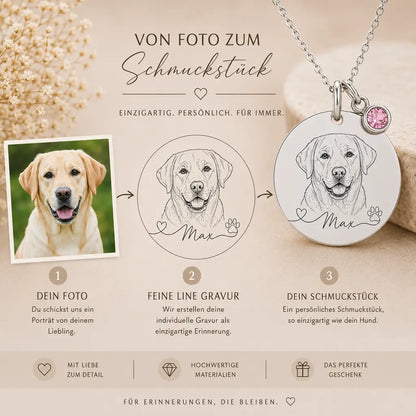 Hundeportrait Halskette Damen 925 Sterling Silber - Gravurplatte, Geburtsstein & Kette 45cm