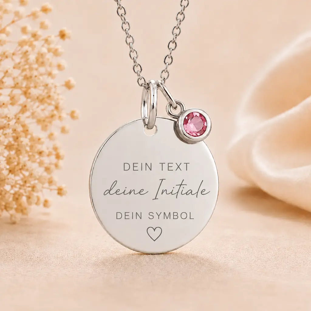 Personalisierte Damen Halskette 925 Sterling Silber - Gravurplatte, Geburtsstein & Kette 45cm