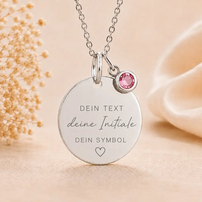 Personalisierte Damen Halskette 925 Sterling Silber - Gravurplatte, Geburtsstein & Kette 45cm