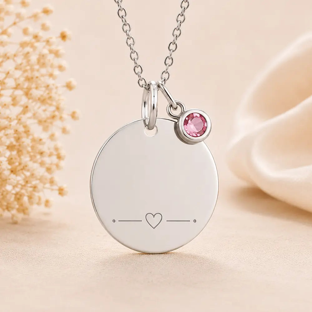 Personalisierte Damen Halskette 925 Sterling Silber - Gravurplatte, Geburtsstein & Kette 45cm