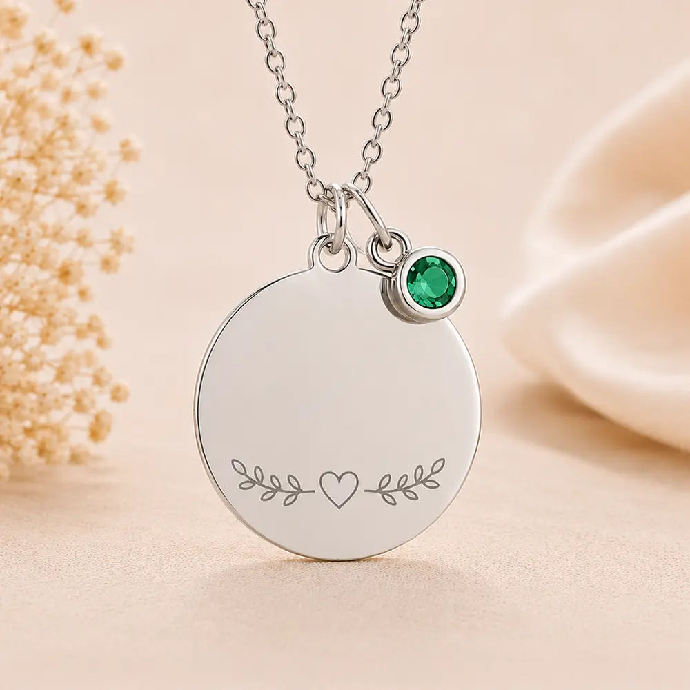 Personalisierte Damen Halskette 925 Sterling Silber - Gravurplatte, Geburtsstein & Kette 45cm