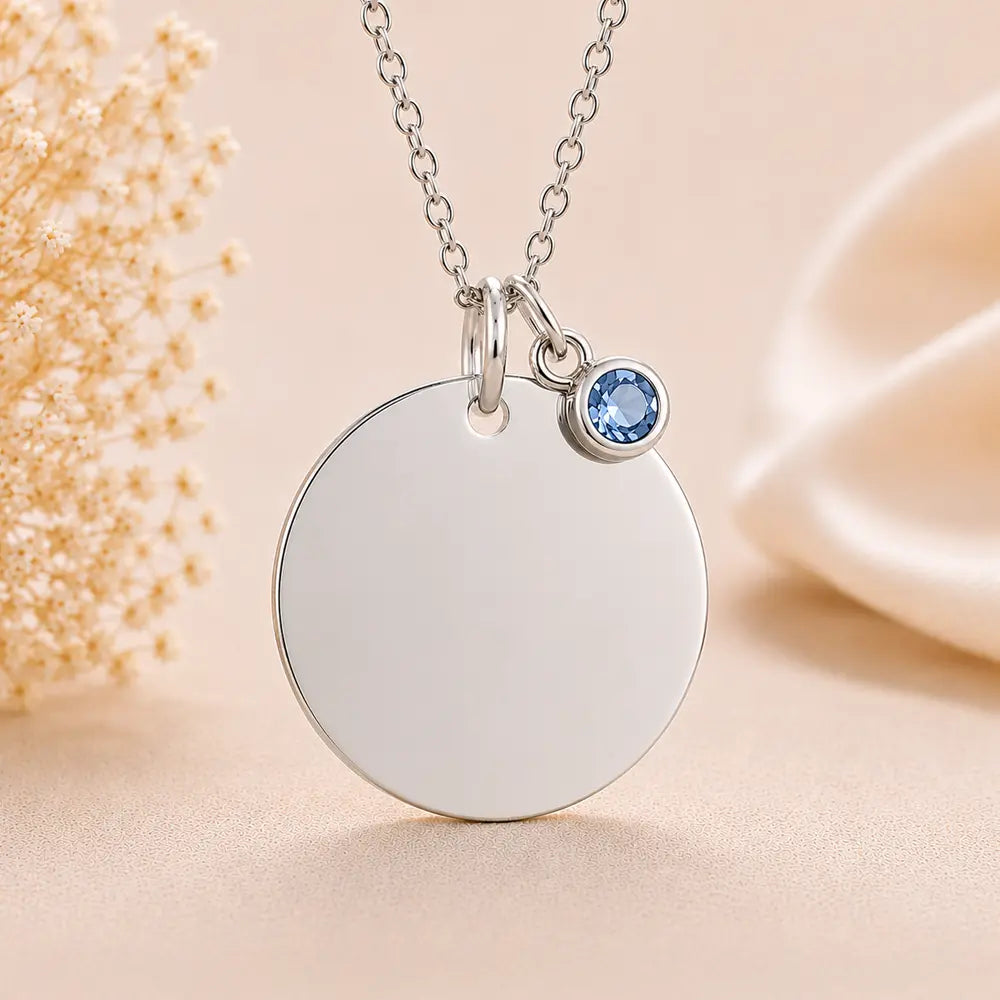 Personalisierte Damen Halskette 925 Sterling Silber - Gravurplatte, Geburtsstein & Kette 45cm